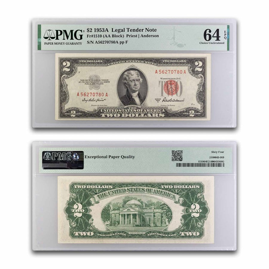 1953-A $2.00 U.S. Note Red Seal: 1953-A $2.00 U.S. Note Red Seal CU-64 EPQ PMG (Fr#1510) SKU no: RBJ297617;Year: 1953;Grade: (PMG) Choice Unc - 64;Grade Service: PMG;Denomination: 2 Dollars;Mint Mark: N/A - Not Available;Metal Conten