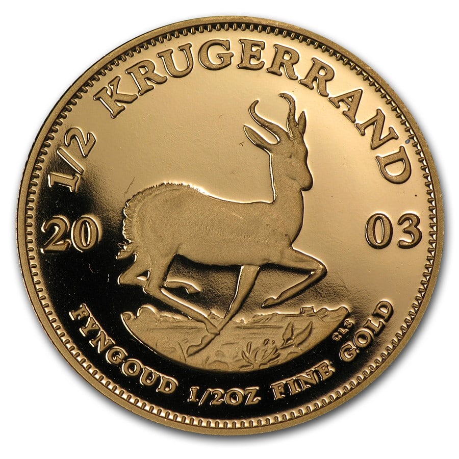 2003 South Africa 1/2 oz Proof: 2003 South Africa 1/2 oz Proof Gold Krugerrand SKU no: RBJ67199;Year: 2003;Grade: Proof;Grade Service: None;Mint Mark: Not Shown;Metal Content: 0.5 troy oz;Purity: .9167;Thickness: 2.2 mm;Diameter: 27