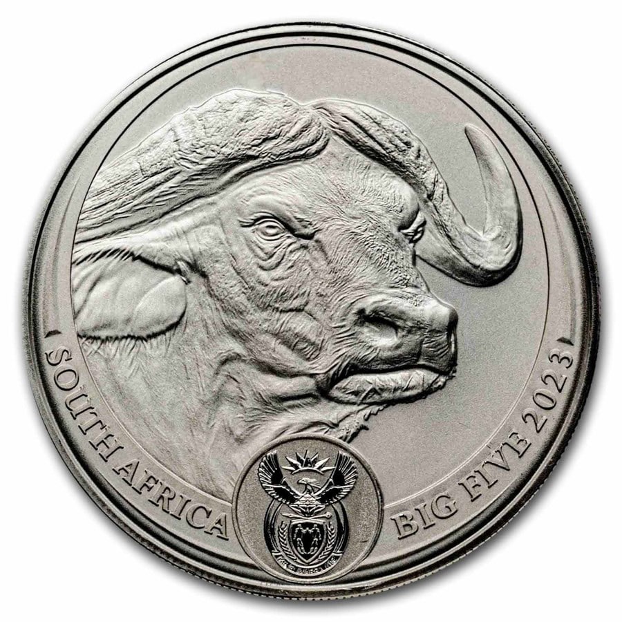 2023 South Africa 1 oz Silver: 2023 South Africa 1 oz Silver Big Five Buffalo BU SKU no: RBJ281498;Year: 2023;Grade: Brilliant Unc;Grade Service: None;Denomination: 5 Rands;Mint Mark: Not Shown;Metal Content: 1 troy oz;Purity: .999