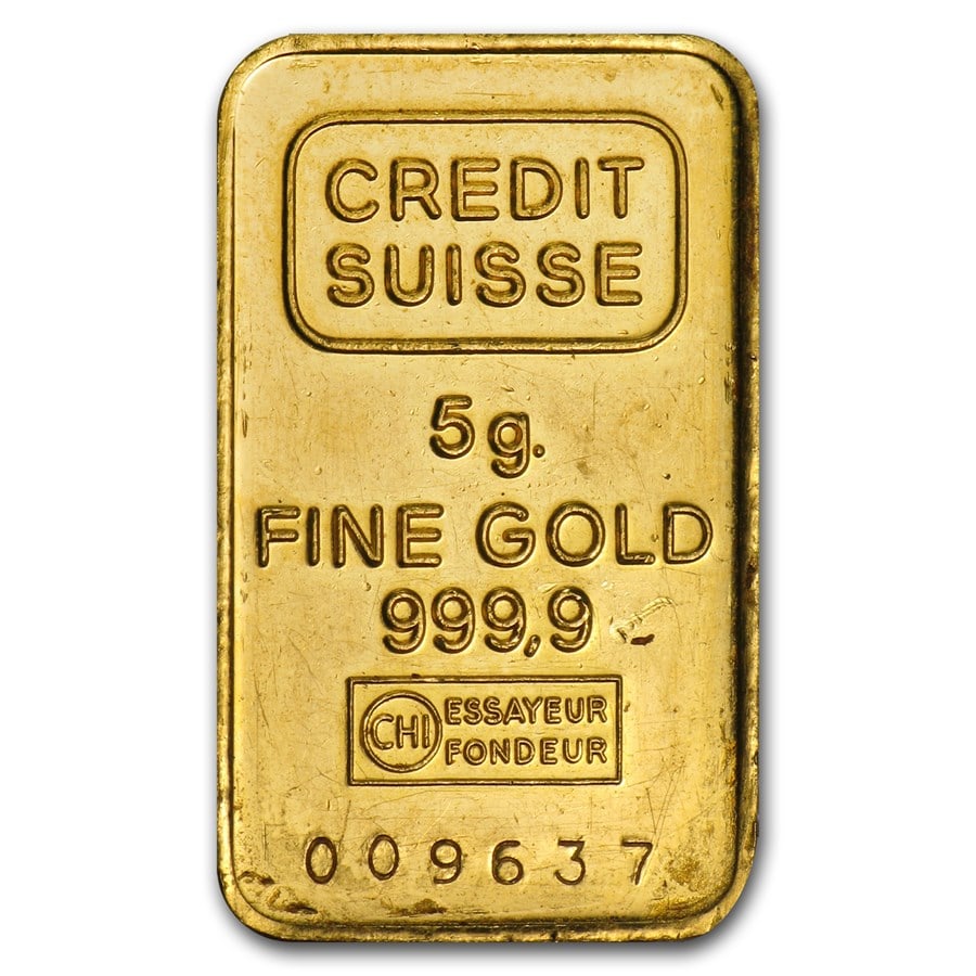 5 gram Gold Bar - Secondary: 5 gram Gold Bar - Secondary Market SKU no: RBJ12476;Year: Random;Grade: None;Grade Service: None;Denomination: 5 grams;Mint Mark: N/A - Not Available;Metal Content: 0.1607 troy oz;Purity: .999;Thickne