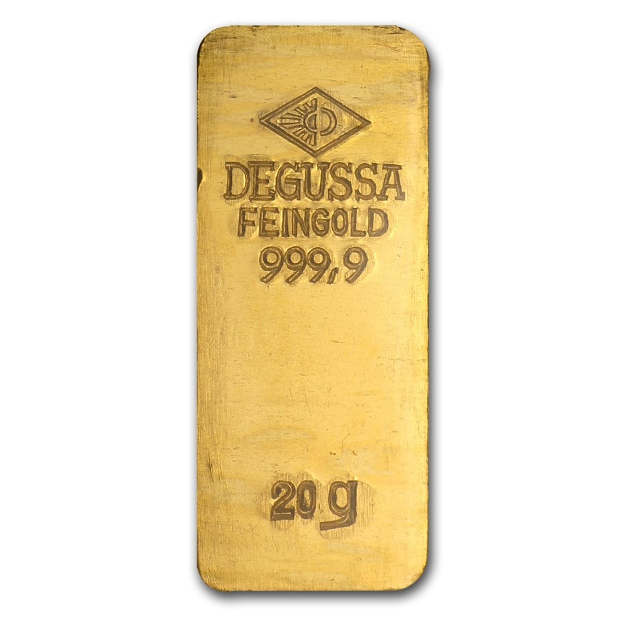 20 gram Gold Bar - Degussa: 20 gram Gold Bar - Degussa (Stamped) SKU no: RBJ46544;Year: N/A;Grade Service: None;Mint Mark: N/A - Not Available;Metal Content: 0.643 troy oz;Purity: .9999;Diameter: N/A mm Guidelines for Bidding We