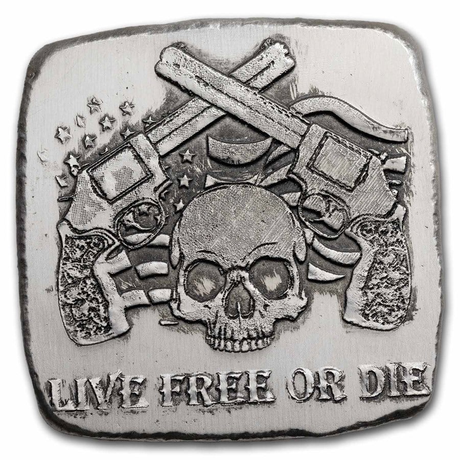 2 oz Hand Poured Silver Bar: 2 oz Hand Poured Silver Bar - Live Free or Die Skull & Guns SKU no: RBJ295062;Grade: None;Grade Service: None;Mint Mark: N/A - Not Available;Metal Content: 2 troy oz;Purity: .999;Thickness: Varies mm;