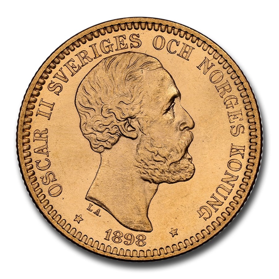 1898 Sweden Gold 20 Kronor Oscar: 1898 Sweden Gold 20 Kronor Oscar II MS-66 NGC SKU no: RBJ306280;Year: 1898;Grade: MS-66;Grade Service: NGC;Denomination: 20 Kronor;Mint Mark: None;Metal Content: 0.2593 troy oz;Purity: .900 Guidelines