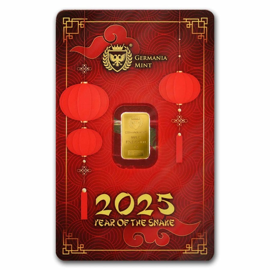 1 gram Gold Bar - Germania: 1 gram Gold Bar - Germania Lunar Year of the Snake (In Assay) SKU no: RBJ310189;Grade: None;Grade Service: Assay Card;Mint Mark: N/A - Not Available;Metal Content: 0.0322 troy oz;Purity: .9999;Thickne