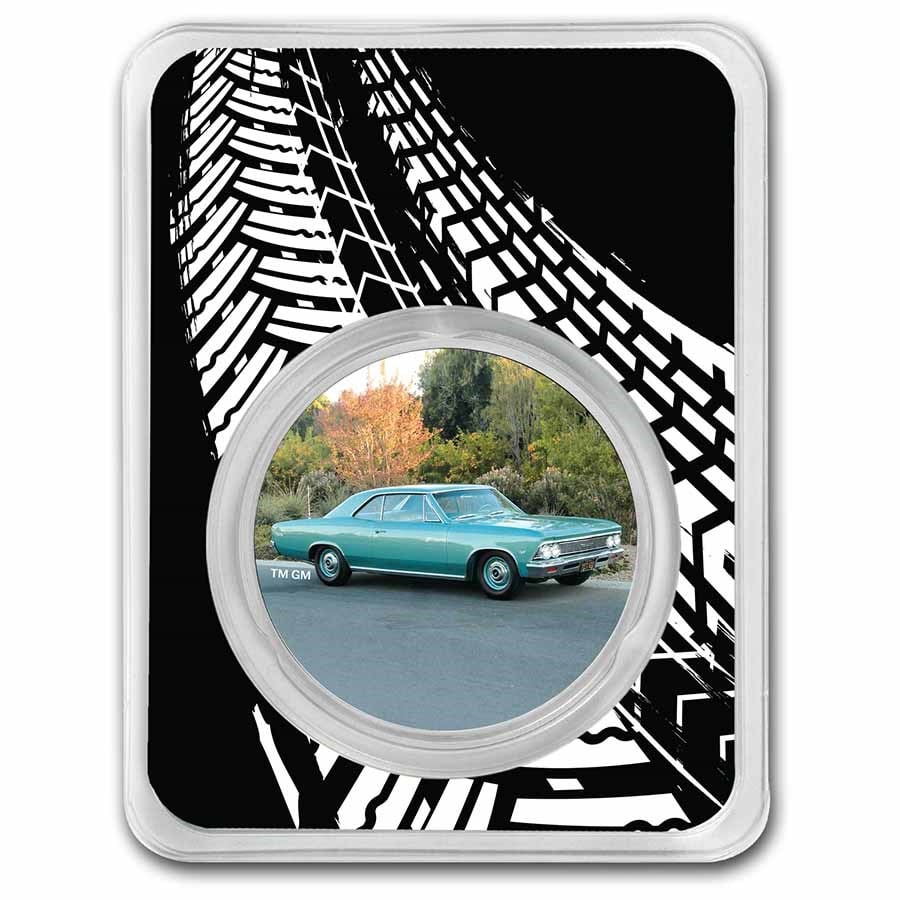 Chevrolet Malibu Colorized 1 oz Silver: Chevrolet Malibu Colorized 1 oz Silver w/ TEP SKU no: RBJ254343;Year: N/A;Grade: None;Grade Service: None;Mint Mark: N/A - Not Available;Metal Content: 1 troy oz;Purity: .999;Diameter: 39 mm Guideline
