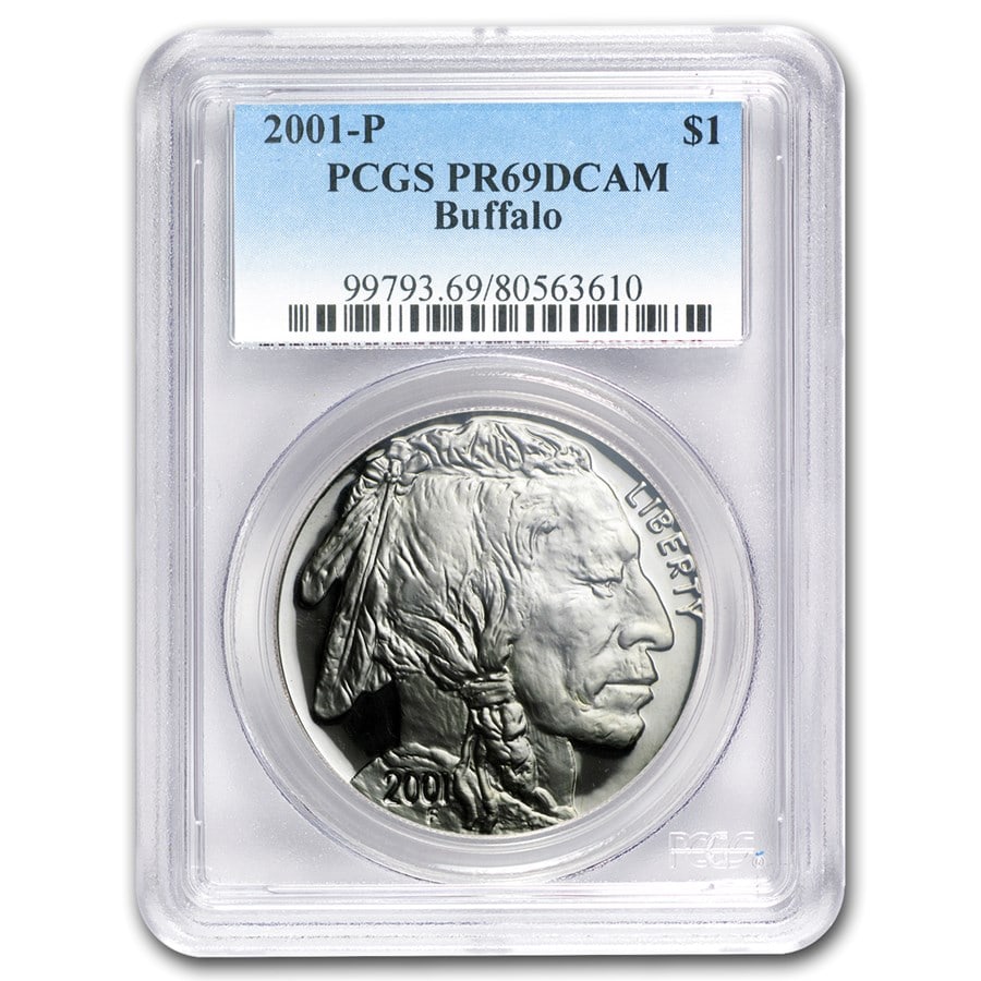 2001-P Buffalo $1 Silver Commem PR-69: 2001-P Buffalo $1 Silver Commem PR-69 PCGS SKU no: RBJ98968;Year: 2001;Grade Service: PCGS;Denomination: 1 Dollar;Metal Content: 0.7734 troy oz;Purity: .900;Thickness: 3.1 mm;Diameter: 38.1 mm Guideli