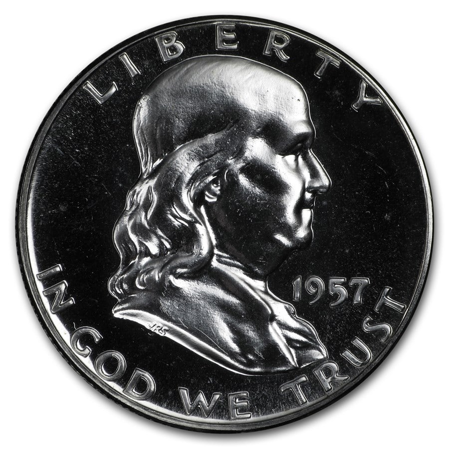 1957 Franklin Half Dollar Gem Proof: 1957 Franklin Half Dollar Gem Proof SKU no: RBJ7928;Year: 1957;Grade: Gem Proof;Grade Service: None;Denomination: $0.50;Mint Mark: P - Philadelphia (Not Shown);Metal Content: 0.3575 troy oz;Purity: .9