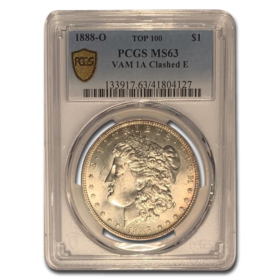 1888-O Morgan Dollar MS-63 PCGS (Top-100,: 1888-O Morgan Dollar MS-63 PCGS (Top-100, VAM 1A Clashed E) SKU no: RBJ284147;Year: 1888;Grade Service: PCGS;Denomination: 1 Dollar;Metal Content: 0.7734 troy oz;Purity: .900;Diameter: 38.1 mm Guideli