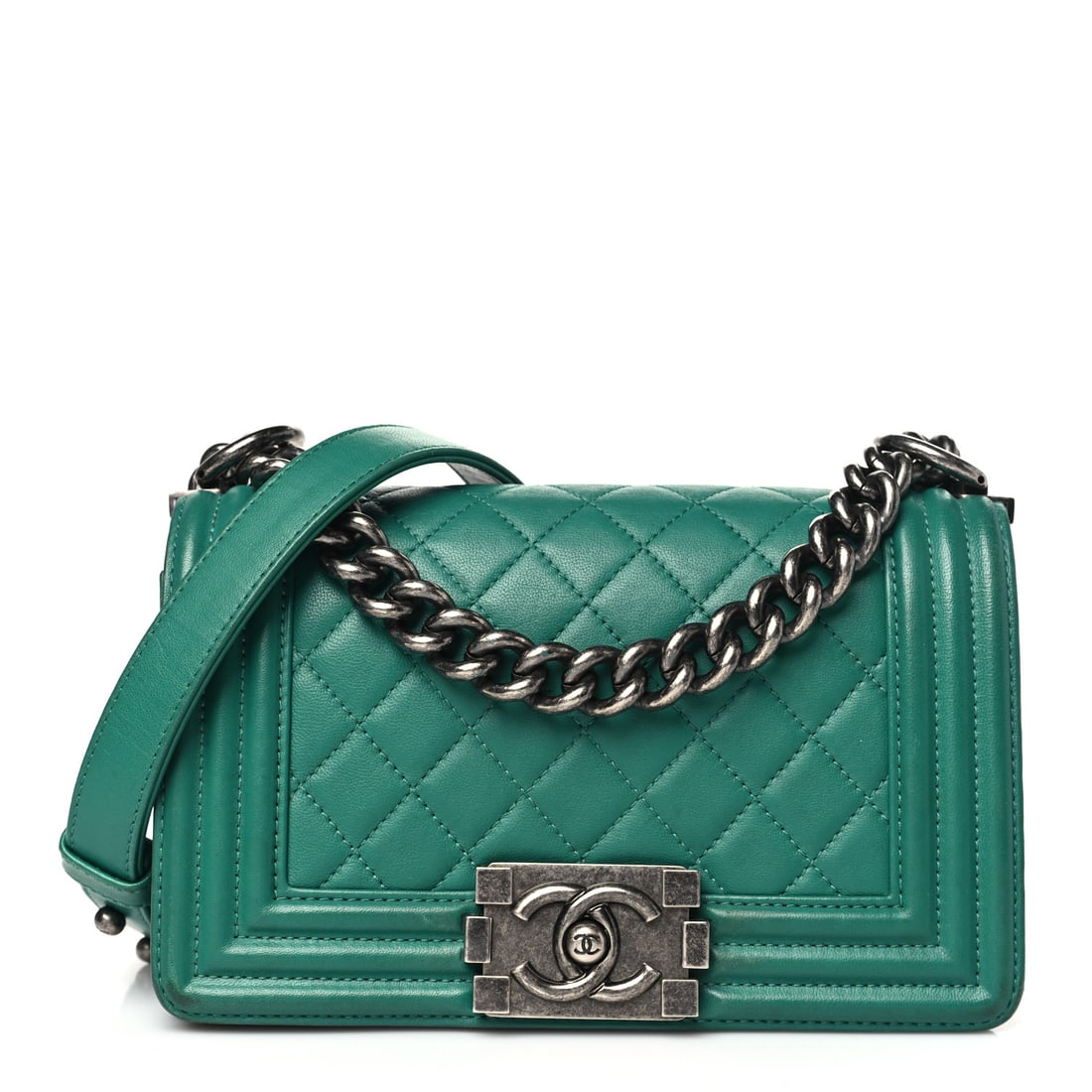 Chanel Lambskin Quilted Small Boy Flap: Chanel Lambskin Quilted Small Boy Flap Green Brand: CHANEL Condition: Worn Condition Details: Exterior: Corner wear, scuffs, edge wear, marks, liquid marks, Handle: Edge wear, creases, scuffs, Interio
