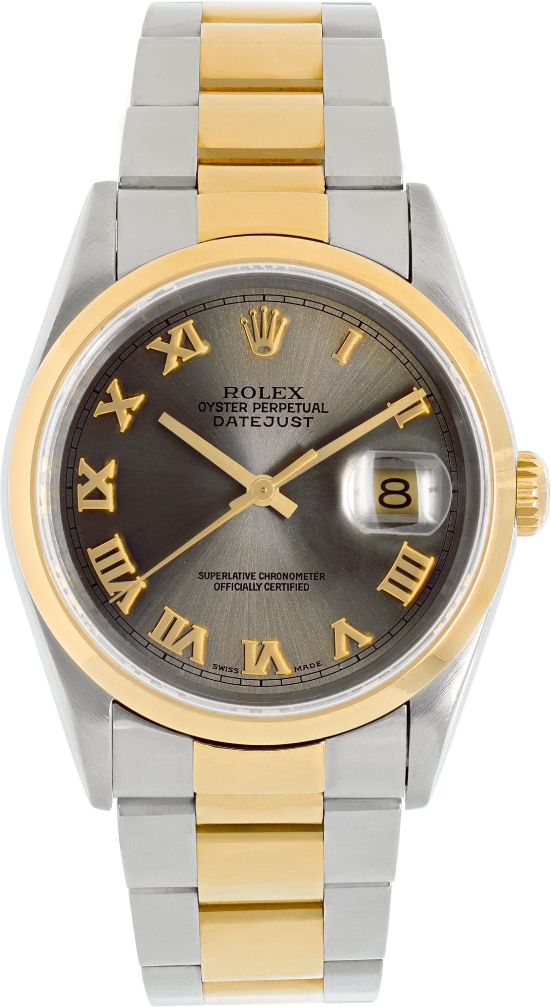 Rolex Datejust 2-tone stainless and 18k: Rolex Datejust 2-tone stainless and 18k yellow gold silver/grey dial Brand: Rolex Model: Datejust Model No: 16203 Case Size: 36mm SKU no: RBJU2****** Age: 1999 Features: Sweep Seconds, Da