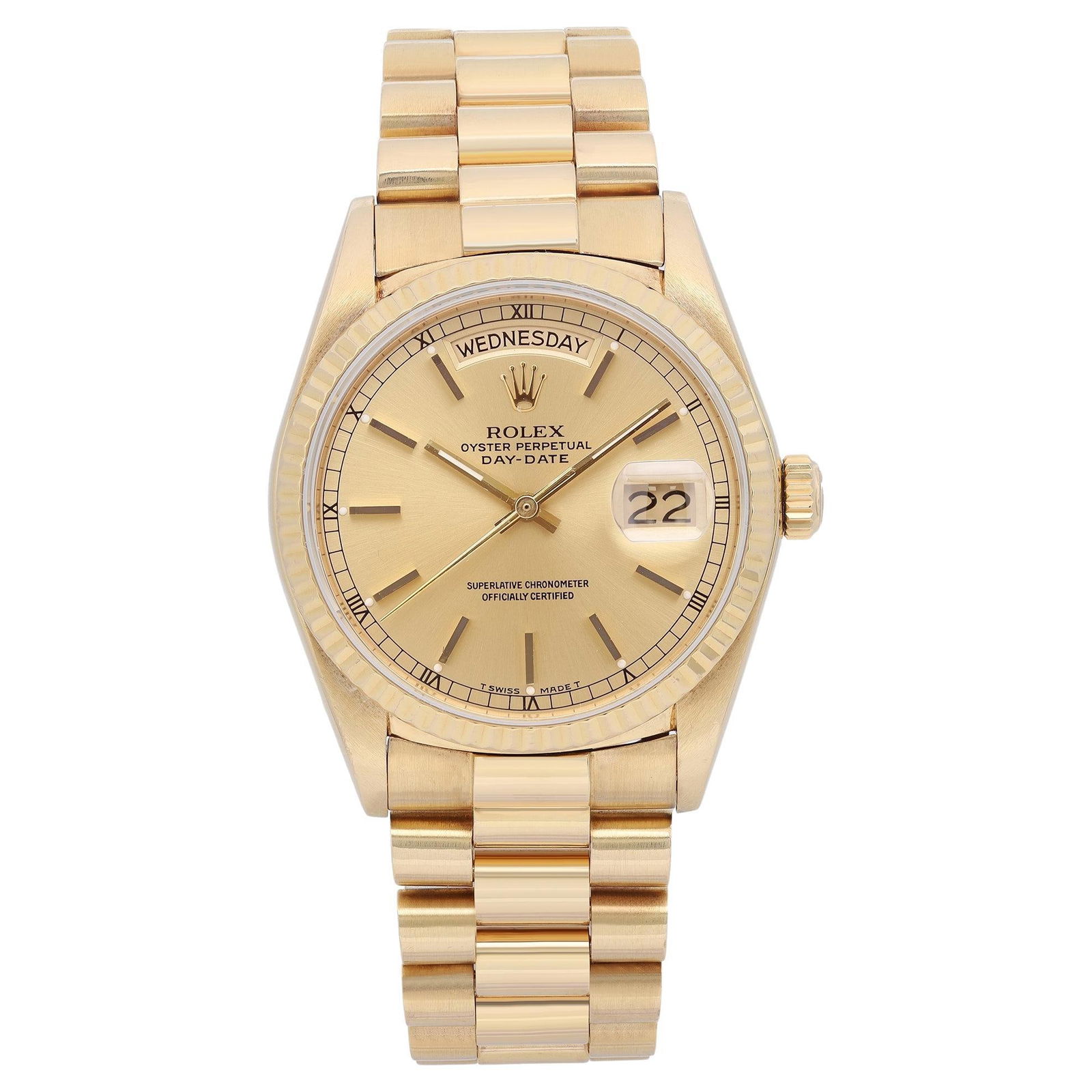 Rolex Day-Date 18K Yellow Gold Champagne: Rolex Day-Date 18K Yellow Gold Champagne Dial Automatic Mens Watch 18038 Pre-owned and in good condition. The watch was produced in 1986. Clean dial. Moderate slack on the bracelet, micro marks on han
