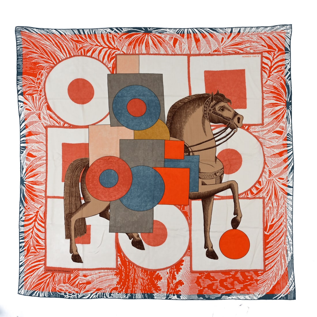 Hermes Cashmere Silk Cavalier En Formes: Hermes Cashmere Silk Cavalier En Formes Shawl 140 White Corail Gris Brand: HERMES Condition: Shows Wear Condition Details: Other: Run(s), , Box Length: 55 in Height: 55 in SKU no: RBJ1595846 <