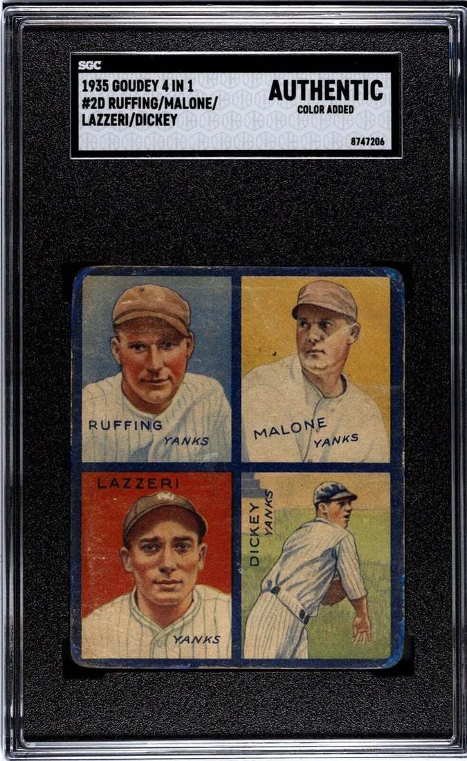 1935 goudey 4 in 1 card: 1935 goudey 4 in 1 card #2d- SGC slabbed authentic/color- ruffing/dickey/lazzeri 1935 Goudey 4 in 1 Card #2D- SGC Slabbed Authentic/Color- Ruffing/Dickey/Lazzeri SKU no: RBJ8235051188312 Guidelines fo