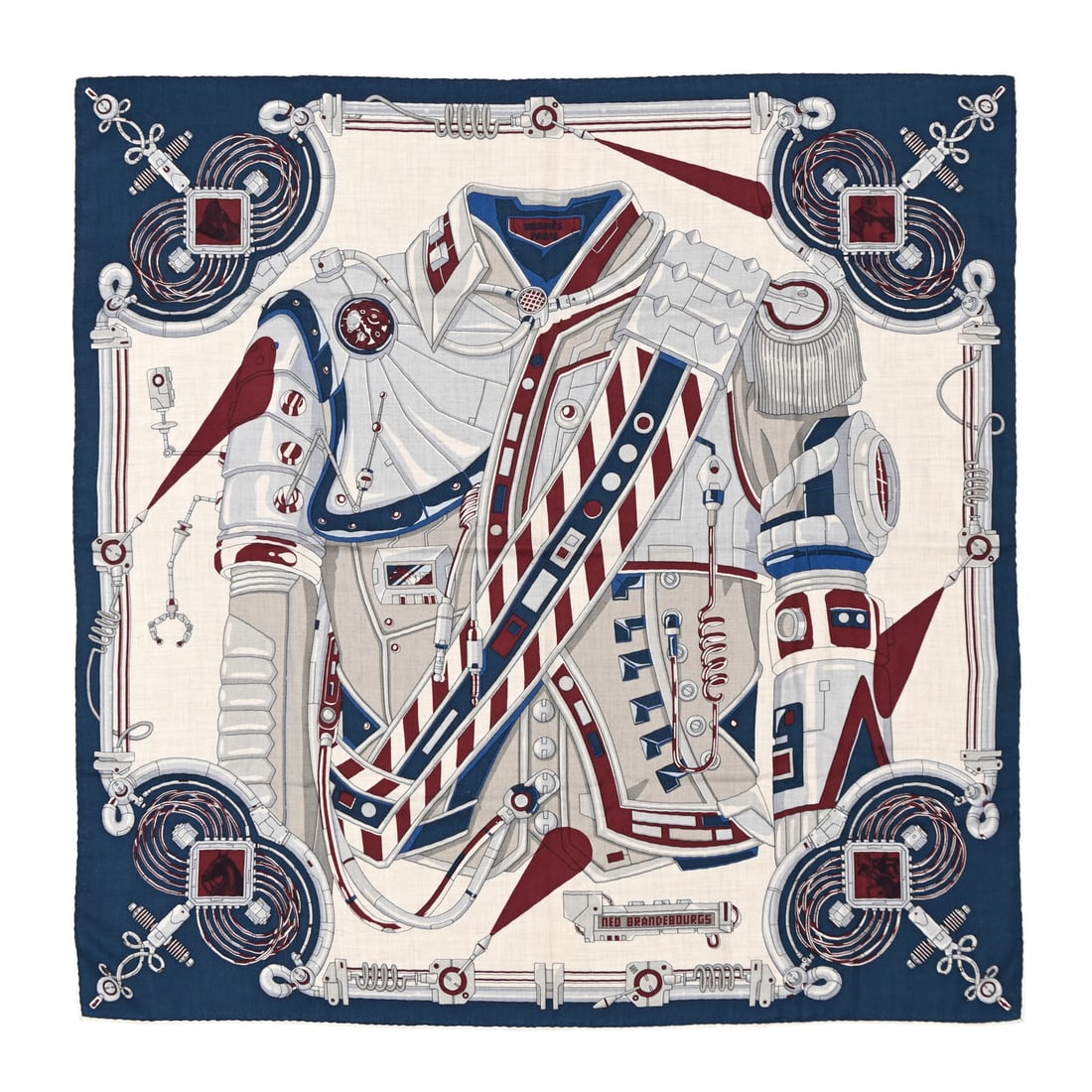Hermes Silk Neo Brandebourgs Scarf 100: Hermes Silk Neo Brandebourgs Scarf 100 Naturel Bordeaux Gris Brand: HERMES Condition: Excellent Condition Details: Exterior: Frayed, pilling, , Box Length: 39 in Height: 39 in SKU no: RBJ1476399 <