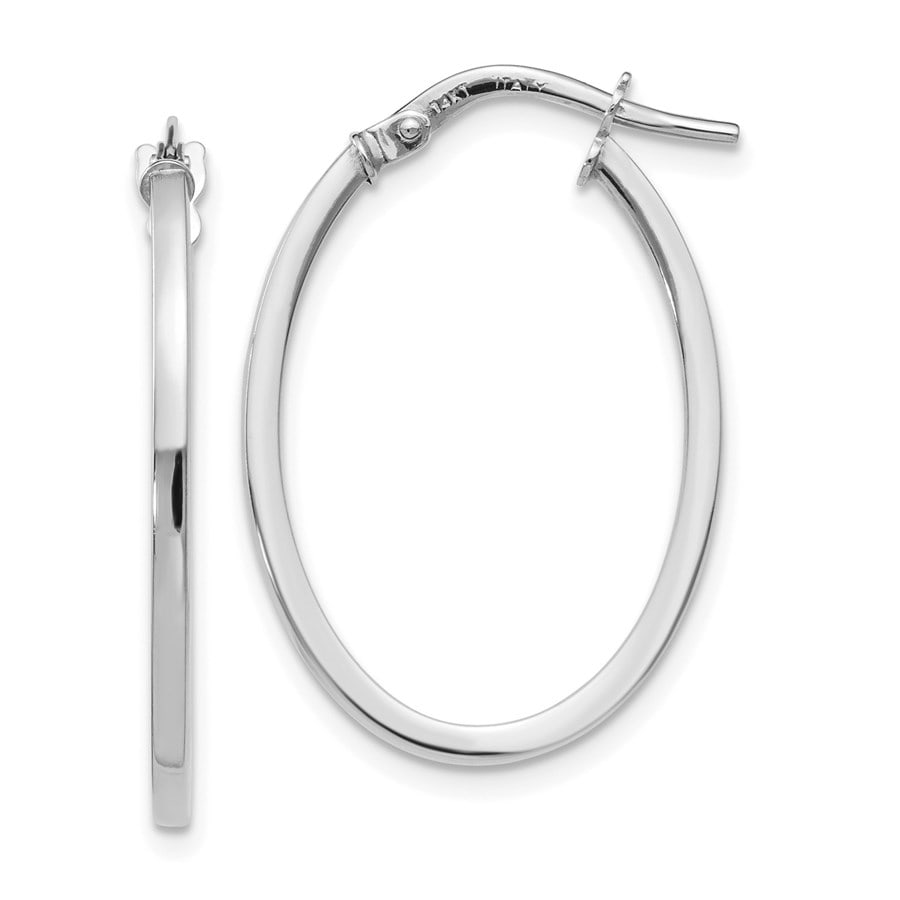 10K White Gold Polished Oval Hoop: 10K White Gold Polished Oval Hoop Earrings - 26.75 mm SKU no: RBJ222158;Metal: Gold;Purity: 10K;Finish: Polished;Length Of Item: 26.75 mm;Earring Closure: Wire & Clutch;Earring Type: Hoop Guidelines f