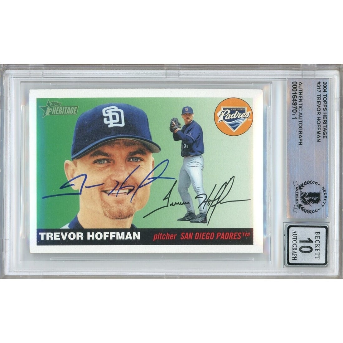 trevor hoffman san diego padres signed: trevor hoffman san diego padres signed 2004 topps heritage card BGS auto 10 graded This 2004 Topps Heritage baseball card, autographed by Padres legend Trevor Hoffman, is a must-have for any fan or co