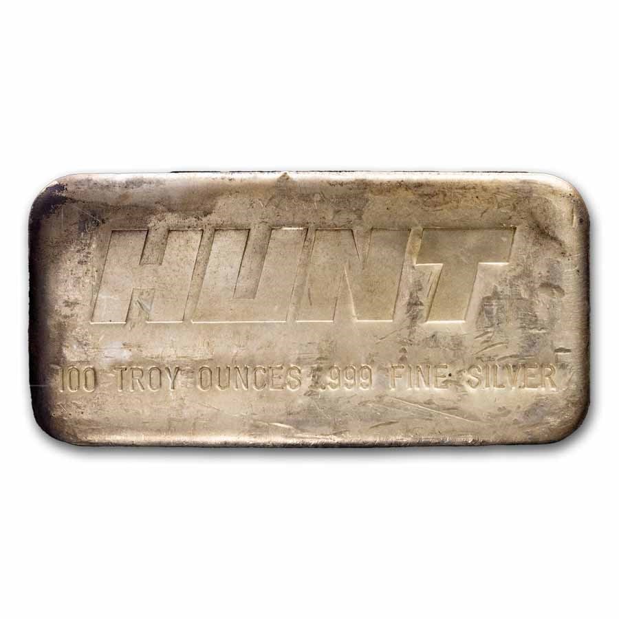 100 oz Silver Bar - Hunt: 100 oz Silver Bar - Hunt SKU no: RBJ299380 Grade: None Grade Service: None Mint Mark: AA Metal Content: 100 troy oz Purity: .999 Diameter: N/A mm Guidelines for Bidding