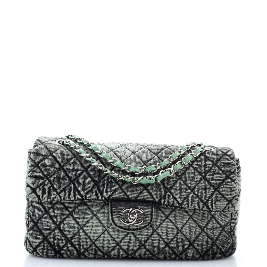 Chanel Denimpression Flap Bag Quilted Distressed: Chanel Denimpression Flap Bag Quilted Distressed Denim Medium Exterior Color: Green Interior Color: Green Exterior Material: Denim Interior Material: Denim Hardware Color: Silver Accessories: Dust