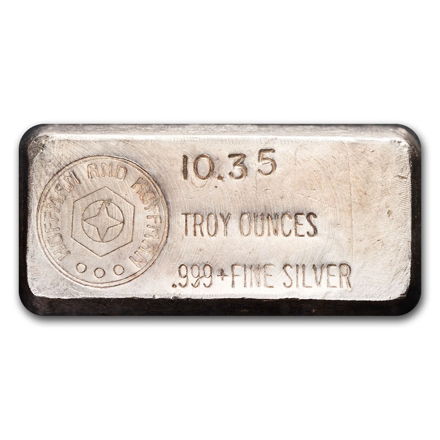 10.35 oz Silver Bar - Hoffman: 10.35 oz Silver Bar - Hoffman & Hoffman SKU no: RBJ309994 Grade: None Grade Service: None Mint Mark: N/A - Not Available Metal Content: 10.35 troy oz Purity: .999 Diameter: N/A mm <b