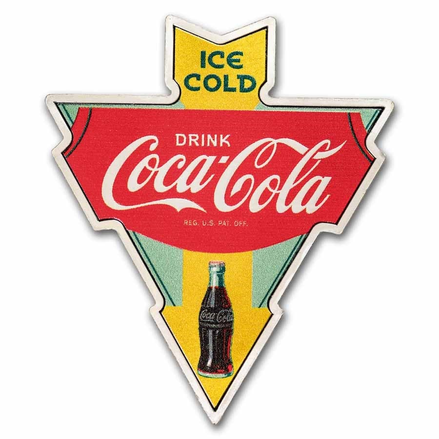 Coca-Cola Vintage 1 oz Silver Colorized: Coca-Cola Vintage 1 oz Silver Colorized Shaped Sign w/ Box & COA SKU no: RBJ294000 Grade: None Grade Service: None Mint Mark: N/A - Not Available Metal Content: 1 troy oz Purity: .999 Thi