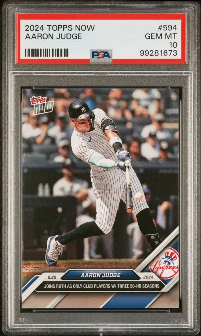 graded 2024 topps now aaron judge: graded 2024 topps now aaron judge #594 baseball card PSA 10 GEM mint Graded 2024 Topps Now Aaron Judge #594 Baseball Card PSA 10 Gem Mint SKU no: RBJ8199540211800 Guidelines for Bidding We recommend f