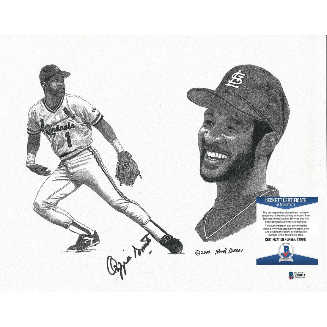 ozzie smith signed st. louis cardinals: ozzie smith signed st. louis cardinals frank nareau 11x14 litho art print beckett cert COA This Ozzie Smith autographed lithograph features the Saint Louis Cardinals, measuring 11x14 inches and signed