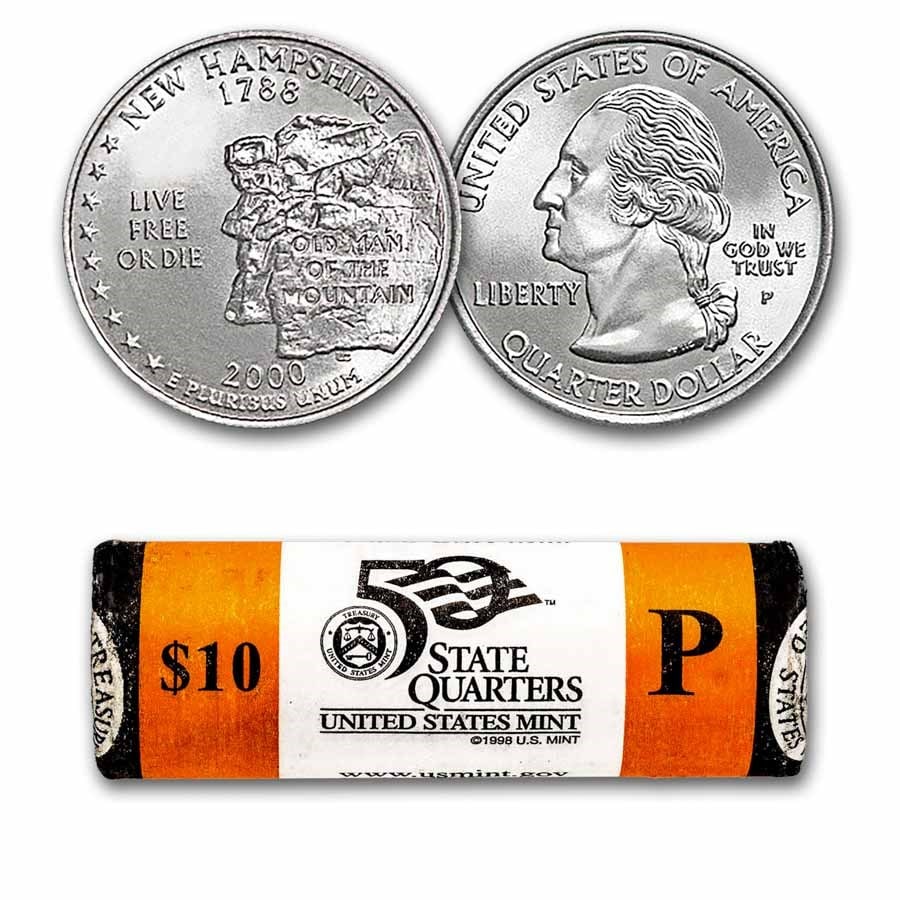 2000-P New Hampshire State Quarter 40-Coin: 2000-P New Hampshire State Quarter 40-Coin Roll BU (Mint Wrapped) SKU no: RBJ313704 Year: 2000 Grade: Brilliant Unc Grade Service: None Denomination: 25 Cents Mint Mark: P - Philadelphia