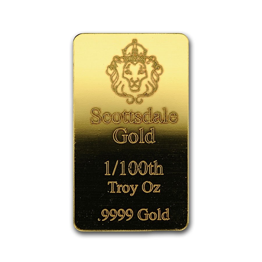 1/100 oz Gold Bar - Scottsdale: 1/100 oz Gold Bar - Scottsdale Mint SKU no: RBJ217553 Year: N/A Grade: None Grade Service: Other Denomination: 1 oz Mint Mark: N/A - Not Available Metal Content: 0.01 troy oz Pur