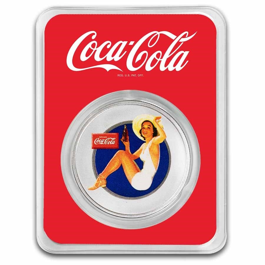 Coca-Cola 1 oz Silver Colorized Round: Coca-Cola 1 oz Silver Colorized Round Bathing Beauties: Brunette SKU no: RBJ294019 Grade: None Grade Service: None Mint Mark: N/A - Not Available Metal Content: 1 troy oz Purity: .999 Thi
