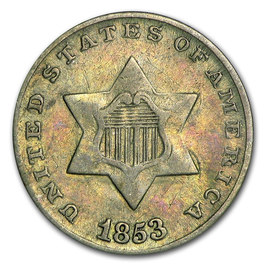1853 Three Cent Silver XF: 1853 Three Cent Silver XF SKU no: RBJ16286 Year: 1853 Grade: Extra Fine Grade Service: None Denomination: 3 Cents Mint Mark: P - Philadelphia (Not Shown) Metal Content: 0.0193 troy oz