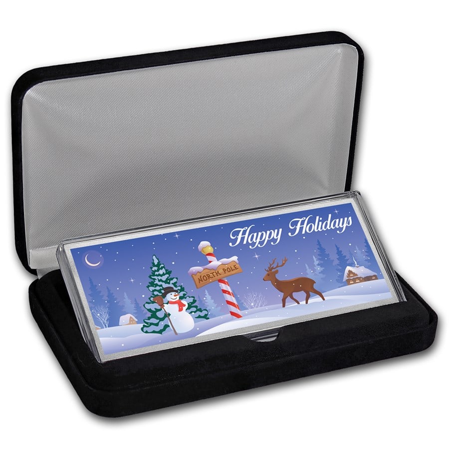 4 oz Silver Colorized Bar -: 4 oz Silver Colorized Bar - North Pole "Happy Holidays" (w/Box) SKU no: RBJ156903 Year: N/A Grade: None Grade Service: None Denomination: 4 oz Mint Mark: N/A - Not Available Metal Content
