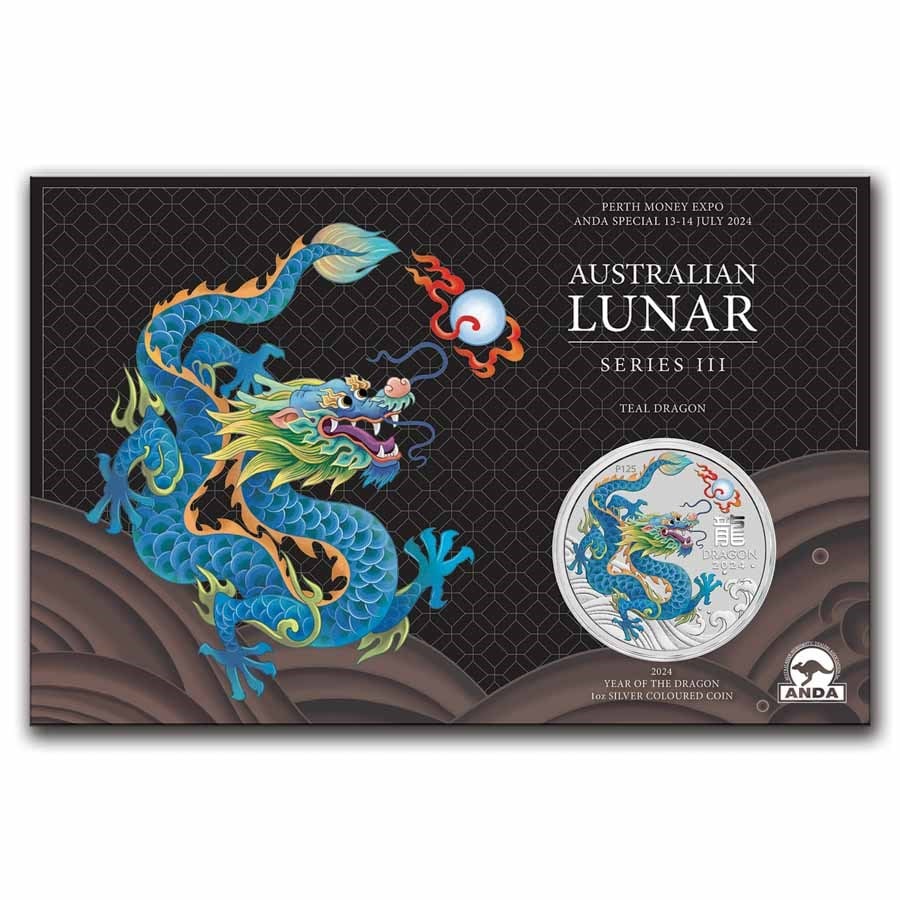 2024 AUS 1 oz Silver Lunar: 2024 AUS 1 oz Silver Lunar Teal Dragon-ANDA Expo Special Card SKU no: RBJ299459 Year: 2024 Grade: Brilliant Unc Grade Service: None Denomination: 1 Dollar Mint Mark: P - Perth Metal Conte