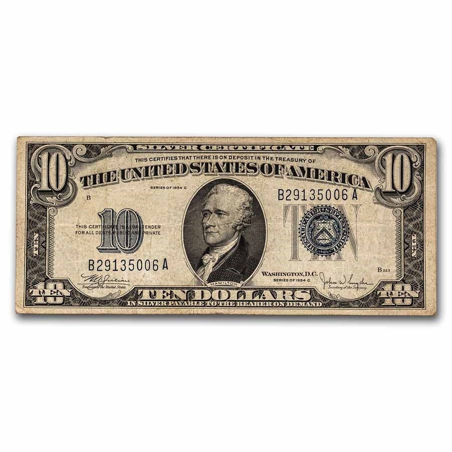 1934-C $10 Silver Certificate Fine (Fr#1704): 1934-C $10 Silver Certificate Fine (Fr#1704) SKU no: RBJ237417 Year: 1934 Grade: Fine Grade Service: None Denomination: 10 Dollars Mint Mark: N/A - Not Available Metal Content: 0 troy oz