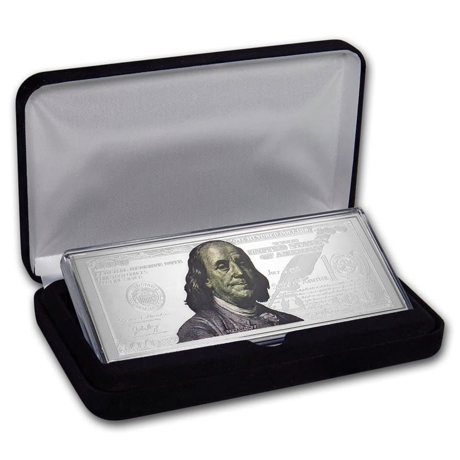 4 oz Silver Colorized Bar -: 4 oz Silver Colorized Bar - 2019 $100 Bill (w/Box & COA) SKU no: RBJ176883 Year: 2019 Grade: None Grade Service: None Mint Mark: N/A - Not Available Metal Content: 4 troy oz Purity: .999