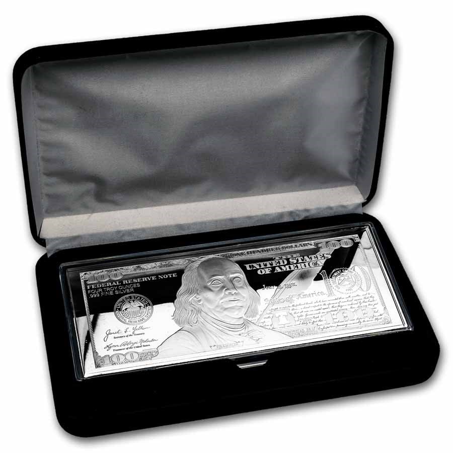 4 oz Silver Bar - 2025: 4 oz Silver Bar - 2025 $100 Bill (w/Box & COA) SKU no: RBJ309767 Year: 2025 Grade: None Grade Service: None Mint Mark: N/A - Not Available Metal Content: 4 troy oz Purity: .999 T