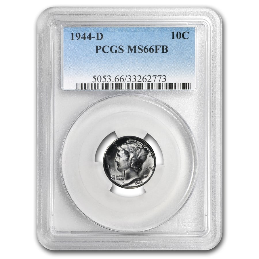 1944-D Mercury Dime MS-66 PCGS (FB): 1944-D Mercury Dime MS-66 PCGS (FB) SKU no: RBJ177661 Year: 1944 Grade Service: PCGS Denomination: 10 Cents Metal Content: 0.0723 troy oz Purity: .900 Thickness: 1.35 mm Diameter