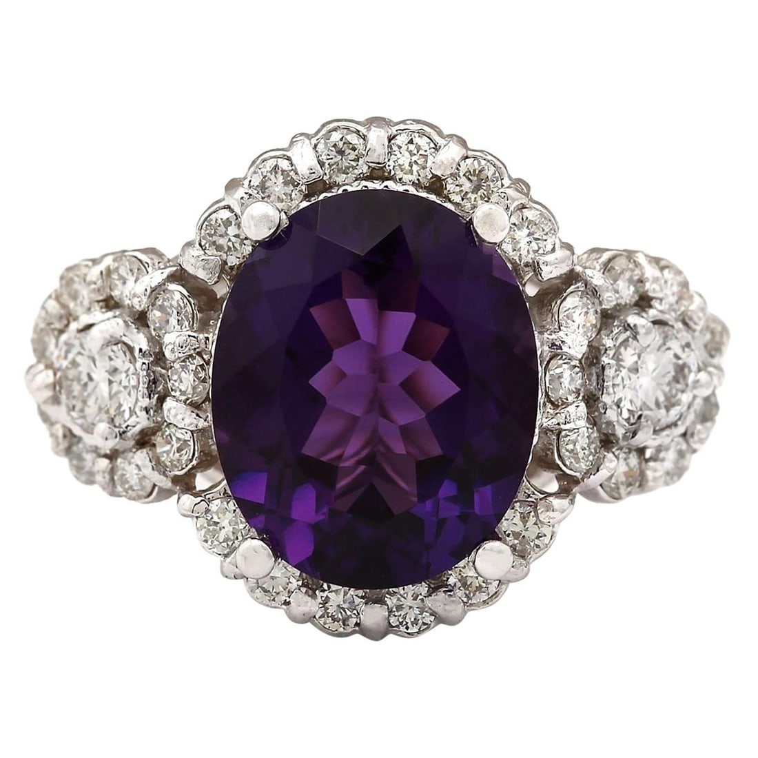 Natural Amethyst 14K White Gold Diamond Ring: Natural Amethyst 14K White Gold Diamond Ring 4.42 Carat Natural Amethyst 14K White Gold Diamond Ring Stamped: 14K White Gold Total Ring Weight: 5.9 Grams Total Natural Amethyst Weight is 3.17 Carat (M