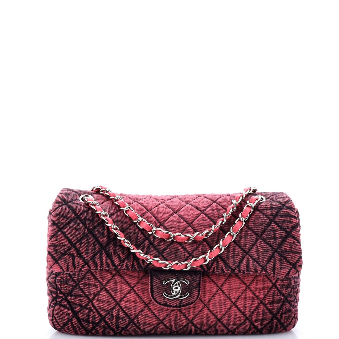 Chanel Denimpression Flap Bag Quilted Distressed: Chanel Denimpression Flap Bag Quilted Distressed Denim Medium Exterior Color: Black, Pink Interior Color: Black, Pink Exterior Material: Denim Interior Material: Denim Hardware Color: Silver Acces