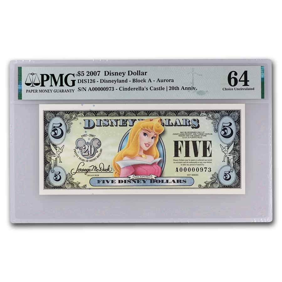 2007 $5.00 Aurora CU-64 EPQ PMG: 2007 $5.00 Aurora CU-64 EPQ PMG (DIS#126) Low 3 Digit Serial # SKU no: RBJ241578 Year: 2007 Grade: (PMG) Choice Unc - 64 Grade Service: PMG Denomination: 5 Dollars Mint Mark: Disneyland M