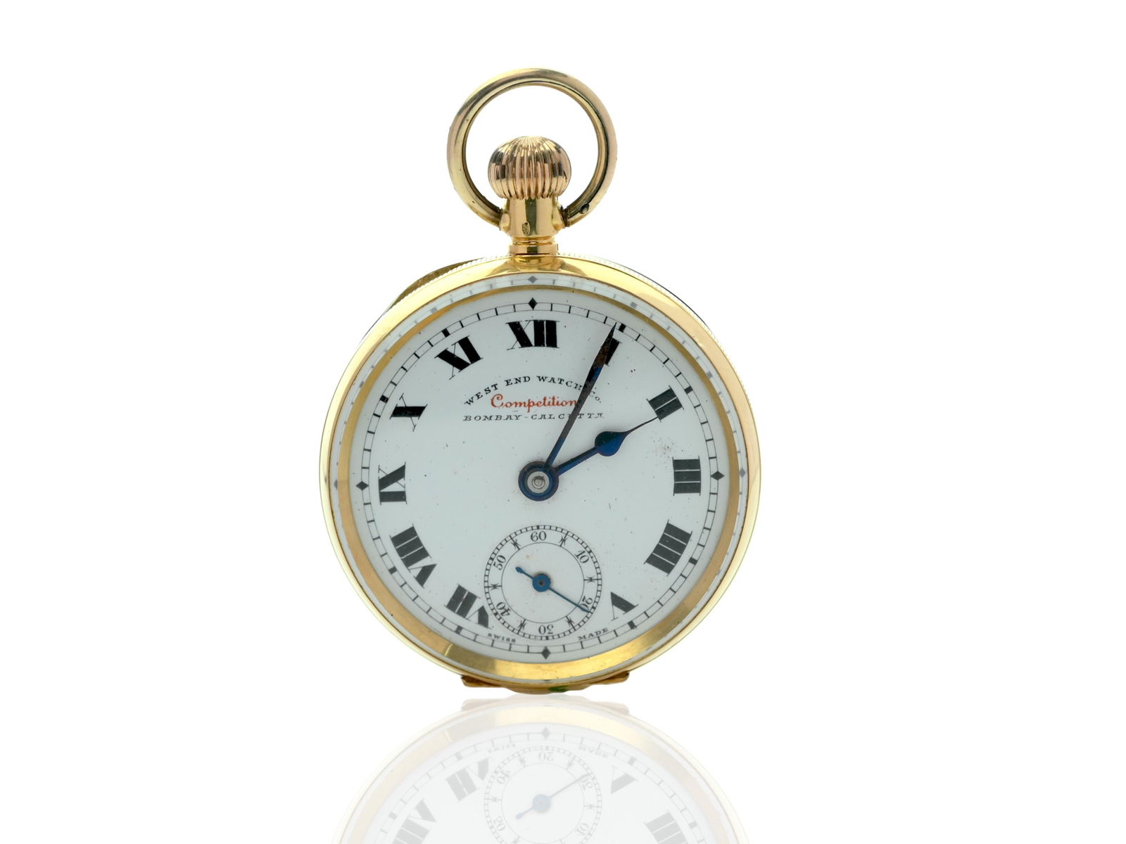 18K Gold genuine Swiss antique Pocket: 18K Gold genuine Swiss antique Pocket watch in working condition from West End Creator: West End Watch Company Case Material: 18k Gold Weight: 49.37 g Case Shape: Round Movement: Manual Wind Case