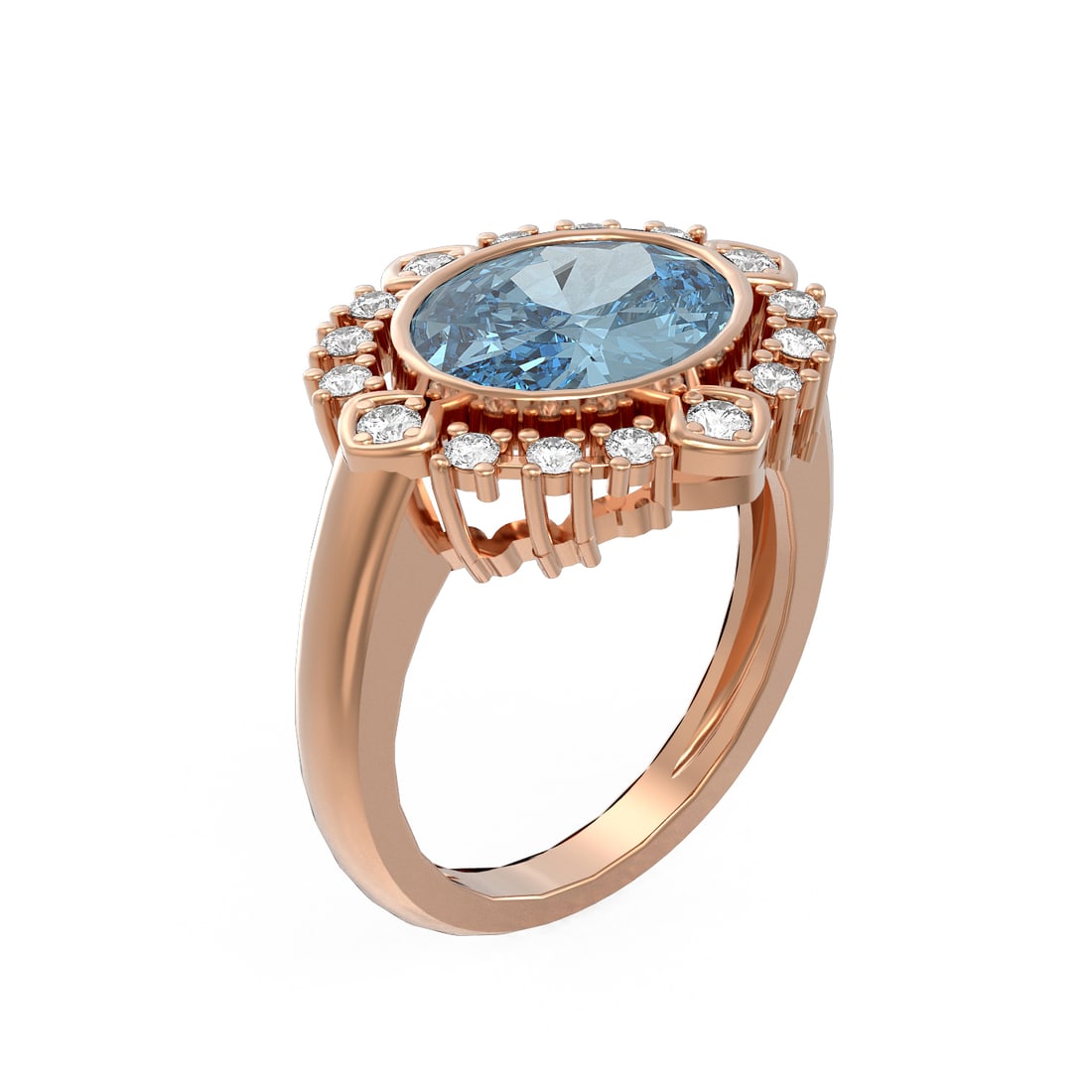 4.04 ctw Blue Topaz & Diamond Ring 18K Rose Gold: 4.04 ctw Blue Topaz & Diamond Ring 18K Rose Gold Item: Topaz Blue Ring Total Gem weight: 4.04 carats Metal: Solid 18K Rose Gold Gold Product Weight: Approx. 7.7 grams Jewelry Note: Ring Size