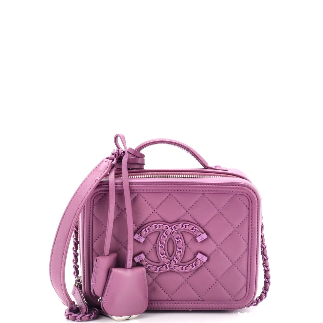 Chanel Filigree Vanity Case Quilted Lambskin: Chanel Filigree Vanity Case Quilted Lambskin with Chain Detail Small Exterior Color: Purple Interior Color: Purple Exterior Material: Leather Interior Material: Leather Hardware Color: Silver Acce