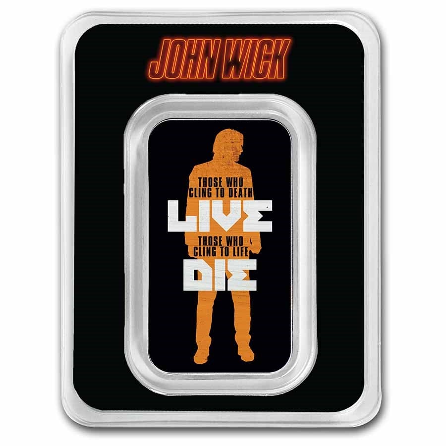 John Wick 1 oz Silver Silhouette: John Wick 1 oz Silver Silhouette Bar w/ TEP SKU no: RBJ272386 Grade: None Grade Service: None Mint Mark: N/A - Not Available Metal Content: 1 troy oz Purity: .999 Diameter: 39 mm