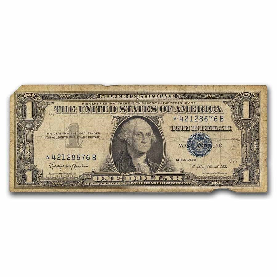 1957s* $1.00 Silver Certificate G/VG (Star: 1957s* $1.00 Silver Certificate G/VG (Star Note) SKU no: RBJ253000 Year: 1957s Grade: Good/Very Good Grade Service: None Denomination: 1 Dollar Mint Mark: N/A - Not Available Metal Conten