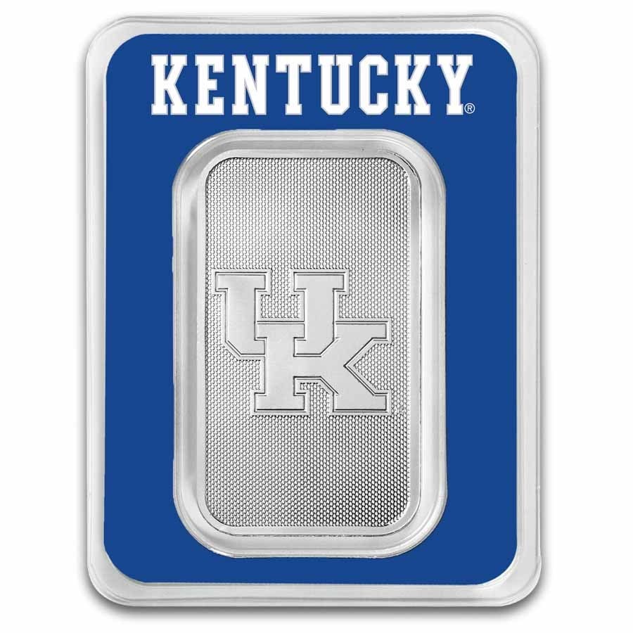 University of Kentucky 1 oz Silver: University of Kentucky 1 oz Silver Bar (in TEP) SKU no: RBJ299686 Grade: None Grade Service: None Mint Mark: N/A - Not Available Metal Content: 1 troy oz Purity: .999 Thickness: 2.8 mm