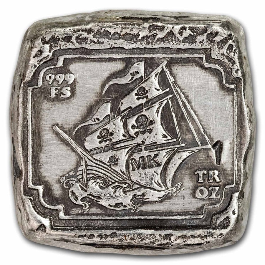 1 oz Hand Poured Silver Square: 1 oz Hand Poured Silver Square - Set Sail for Treasure SKU no: RBJ284740 Grade: None Grade Service: None Mint Mark: N/A - Not Available Metal Content: 1 troy oz Purity: .999 Thickness: Va