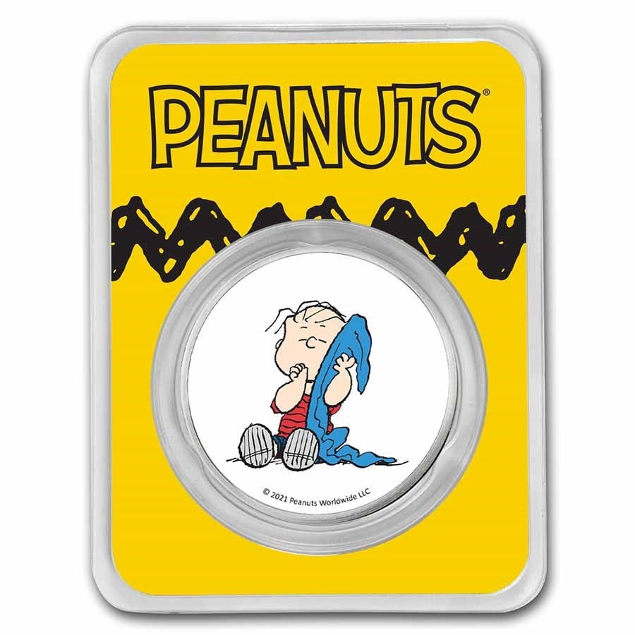Peanuts Linus Van Pelt 1 oz: Peanuts Linus Van Pelt 1 oz Colorized Silver Round SKU no: RBJ231119 Year: 2021 Grade: None Grade Service: None Mint Mark: N/A - Not Available Metal Content: 1 troy oz Purity: .999 <b
