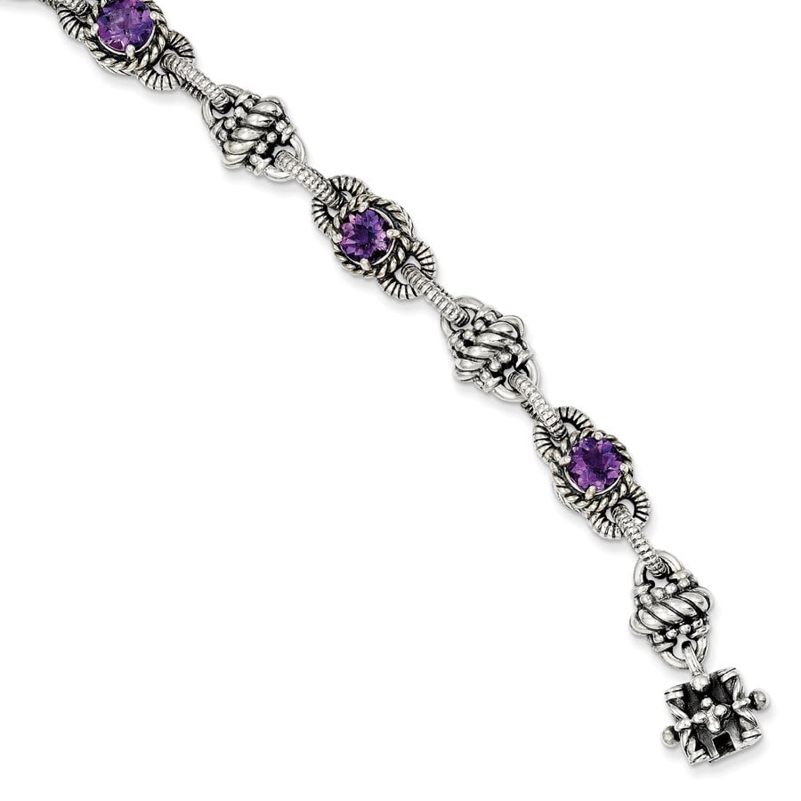 Sterling Silver Amethyst Bracelet: Sterling Silver Amethyst Bracelet SKU no: RBJ114714 Metal: Sterling Silver Purity: .925 Finish: Polished & Antiqued Chain Length: 7.75 in Chain Width: 10 mm Clasp/Connector: Box Catch <br