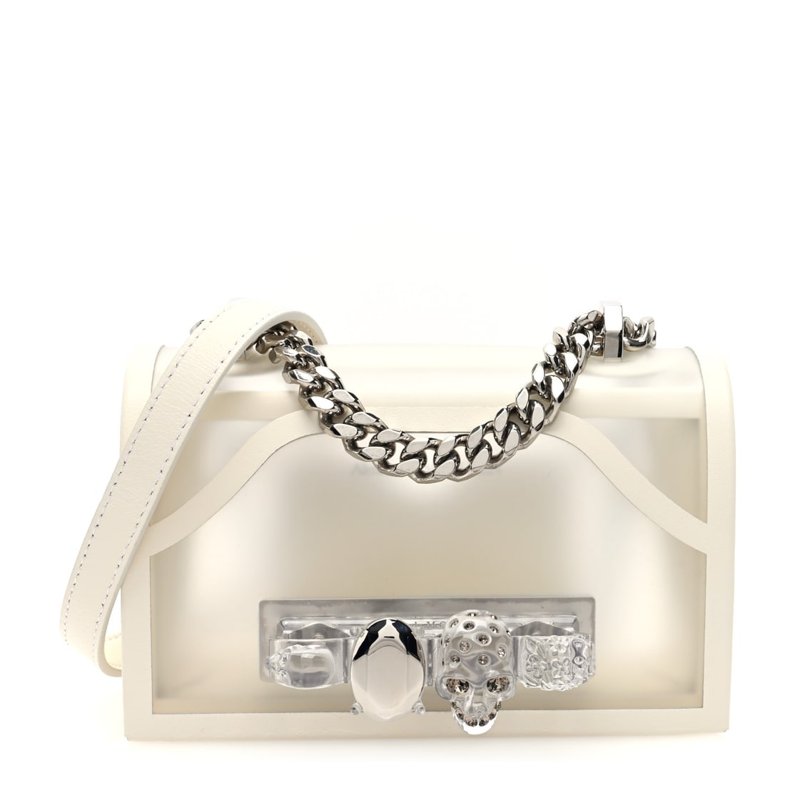 Alexander Mcqueen Calfskin Polyurethane Mini Jeweled: Alexander Mcqueen Calfskin Polyurethane Mini Jeweled Knuckle Satchel Clear White Brand: ALEXANDER MCQUEEN Condition: Excellent Condition Details: Exterior: Faint corner wear, faint scuffs, Hardware: F