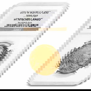 2010-W 1 oz Proof Gold Buffalo: 2010-W 1 oz Proof Gold Buffalo PF-70 NGC SKU no: RBJ61350 Year: 2010 Grade Service: NGC Denomination: $50 Metal Content: 1 troy oz Purity: .9999 Thickness: 2.95 mm Diameter: 32.7